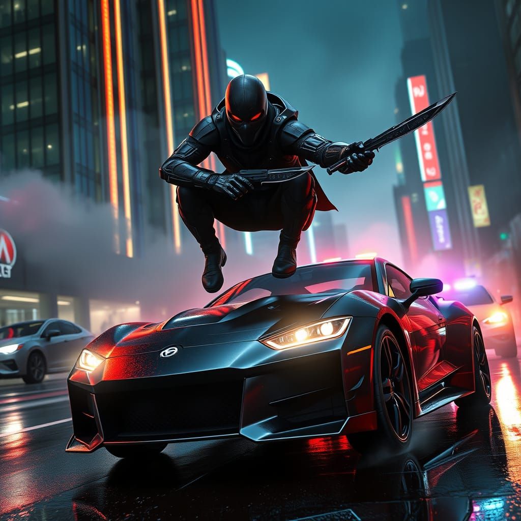 Cyberpunk Warrior Leaps into Action in Neon City