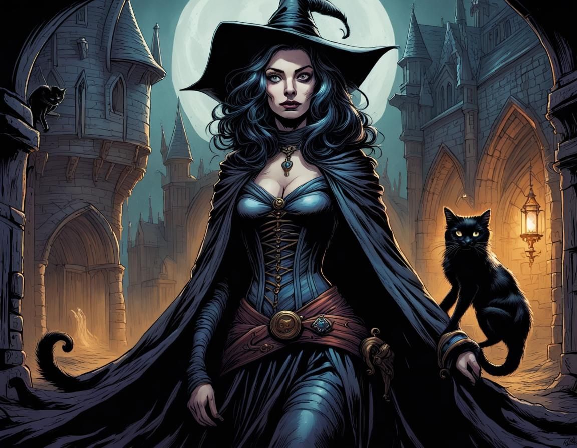 A medieval sorceress and her cat