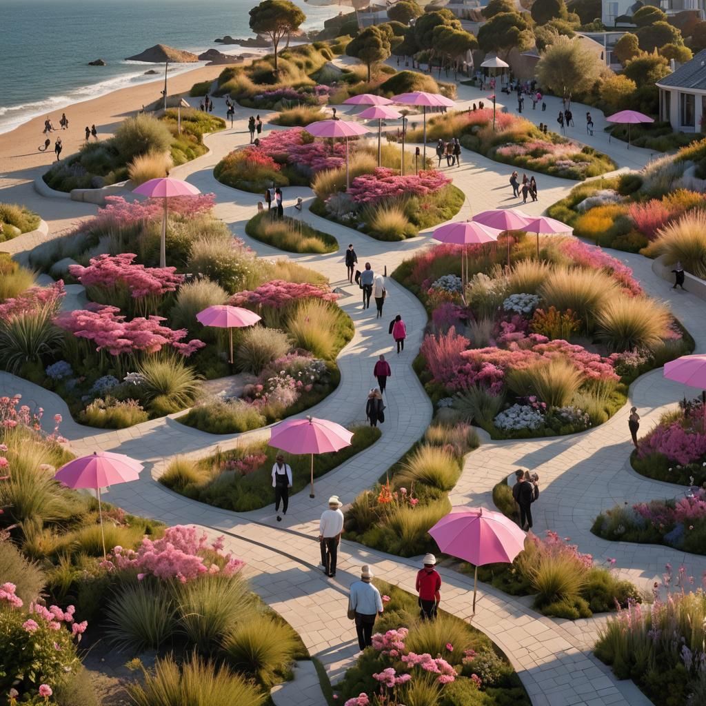 Minimalistic Polymer clay 3d art, rule of thirds, golden ratio, vibrant, coastal promenade, Piet Oudolf’s flowing, naturalistic plantings me...