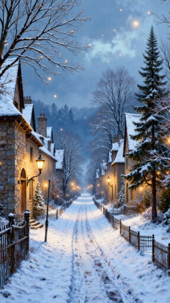 <lora:Fantasycore:1.0> Charles Dickens themed snow Village scene,  snow covered houses and trees, lampposts shining in the dusk, heavy brush...