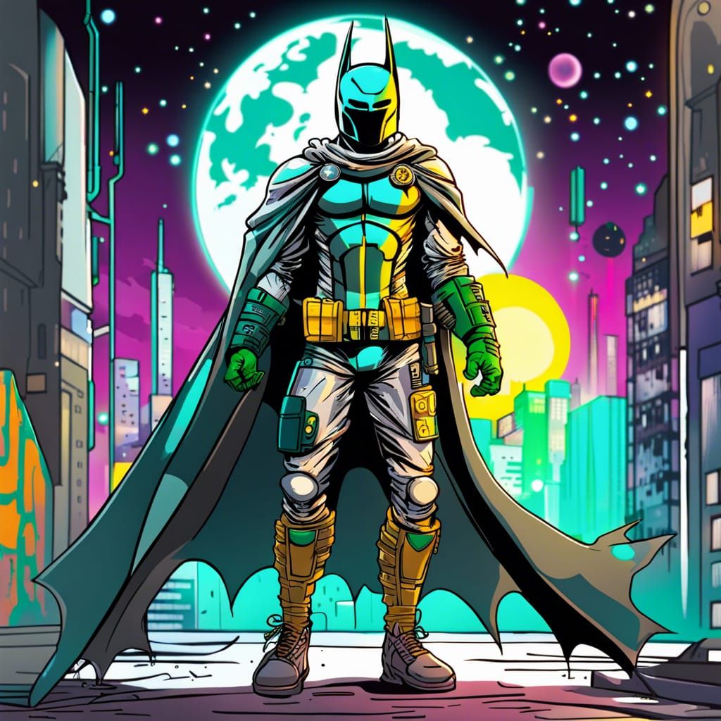 Solarpunk-style, male, full body, Costume inspired by Batman+ Boba Fett ...