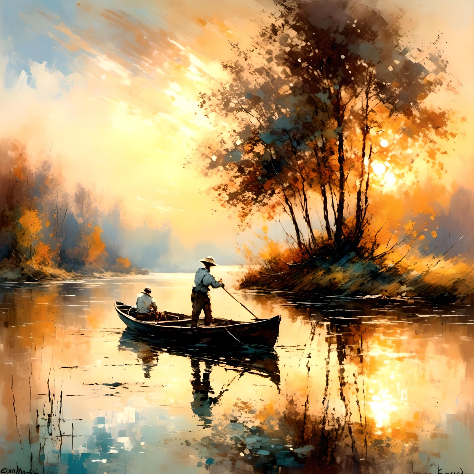 un passeur de gué  sur un fleuve ensoleillé <lora:Fantasy Graphic:1.0> intricately detailed landscape ...  by @Dominique Masset