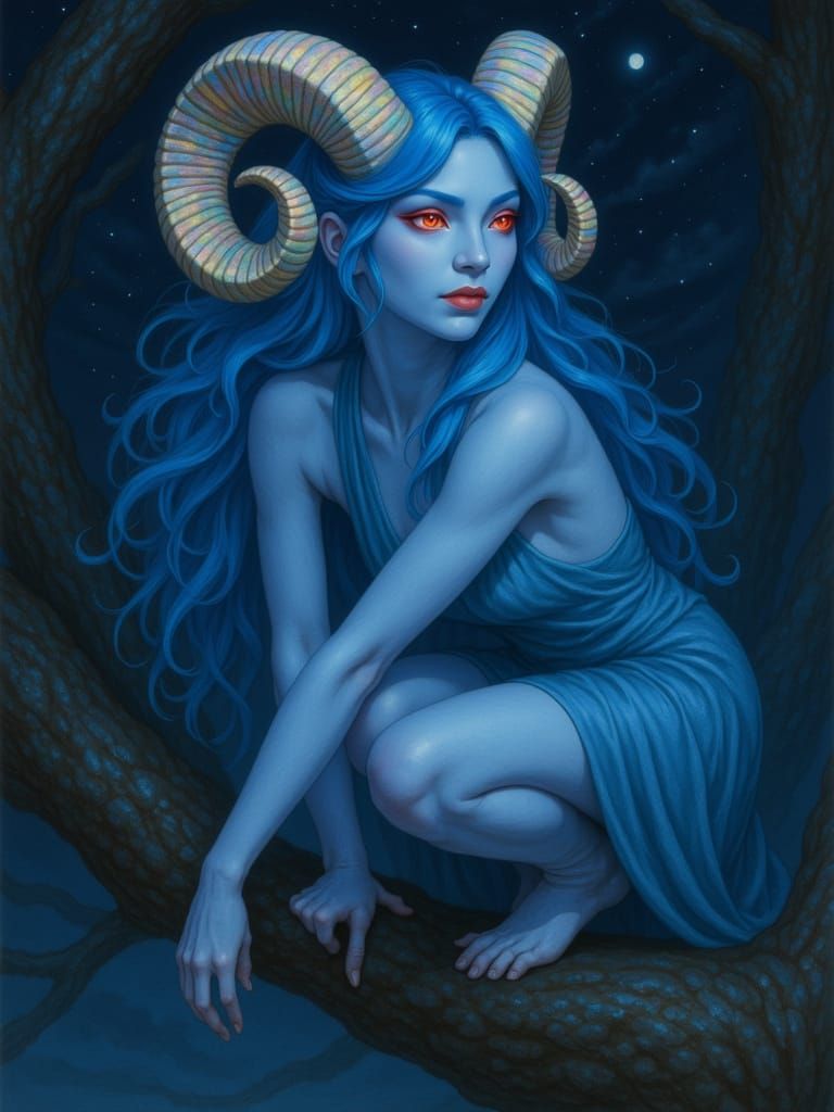 <lora:Ram horns:1.0> A beautiful female kunoichi with long blue hair, iridescent opal curled ram horns and red eyes. She is crouching on a t...