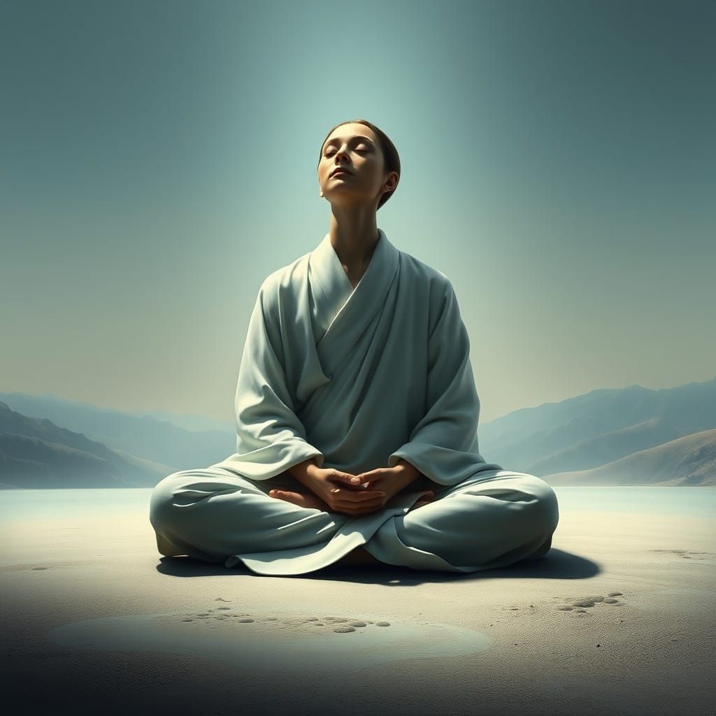 Surrealist Figure Meditates Amidst Ethereal Landscape