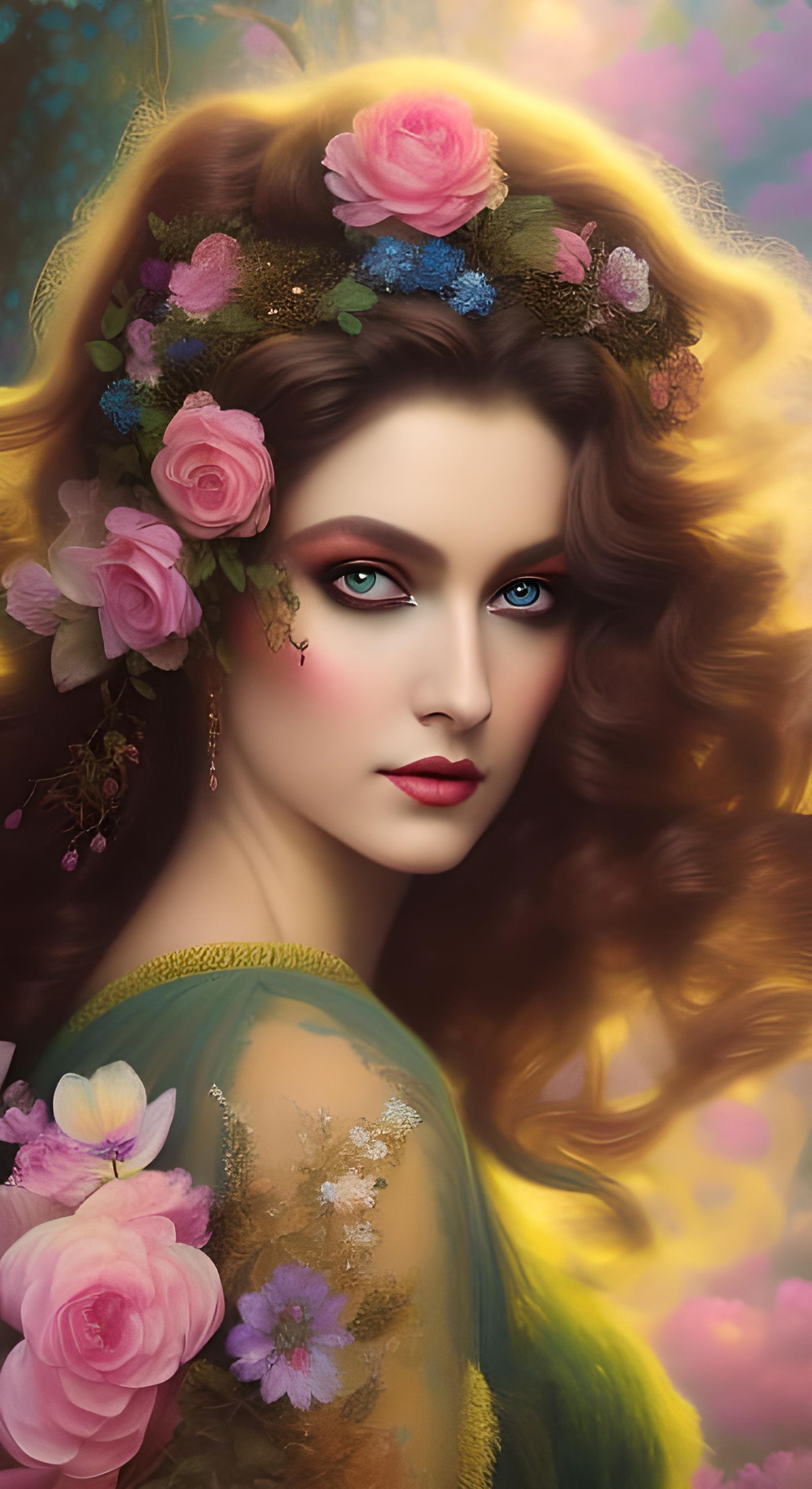 Portrait Of a wavy haired ethereal gothic queen goddess surr...