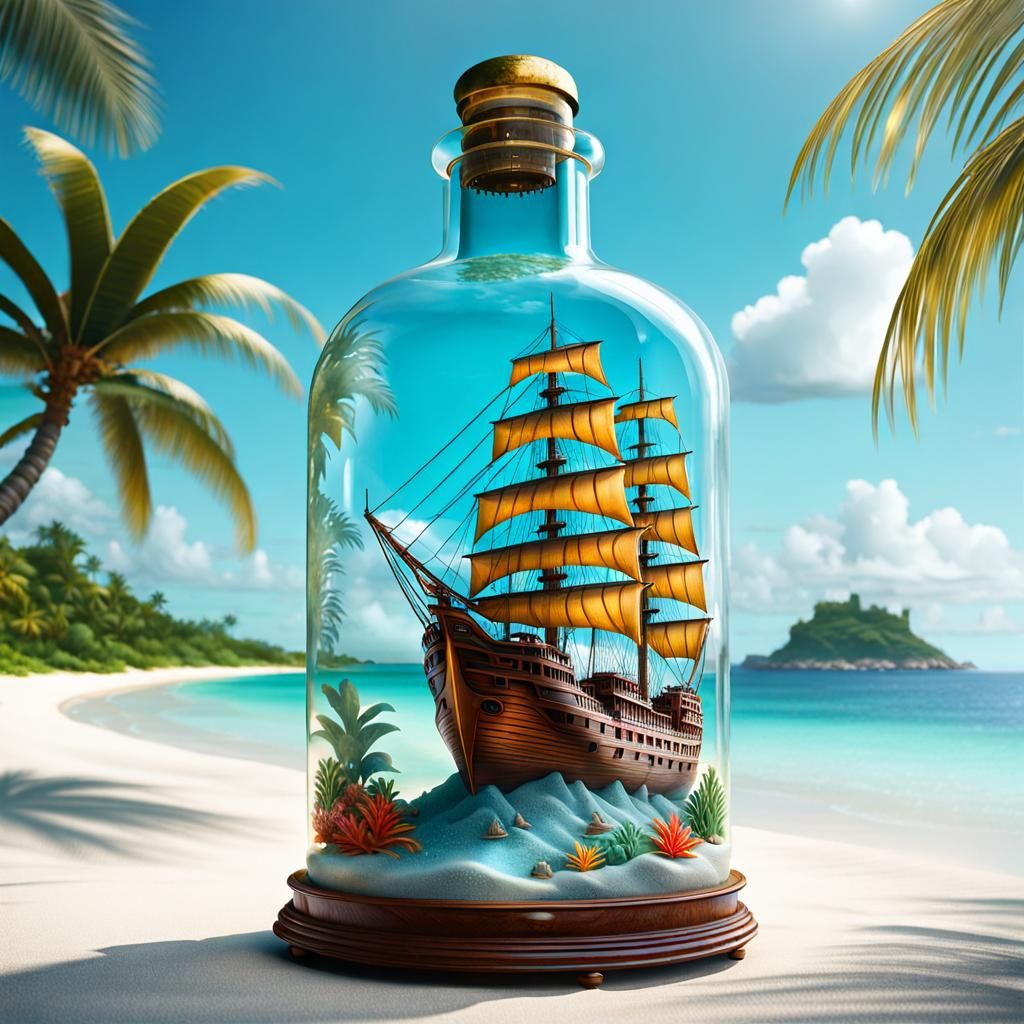 Life size ship in a bottle, crew outside the bottle, tropica...