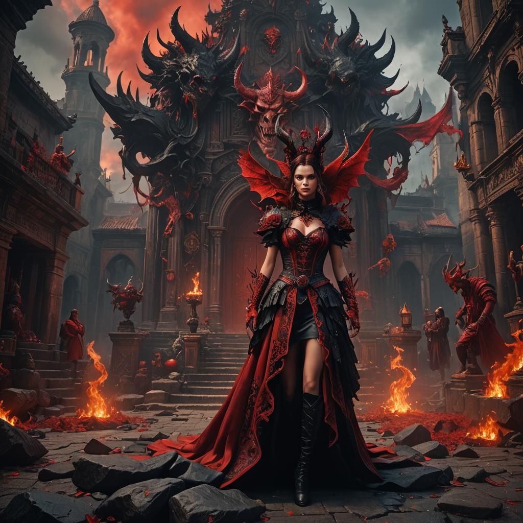 El diablo vestido de rojo y si hermosa amante vestida de cue...