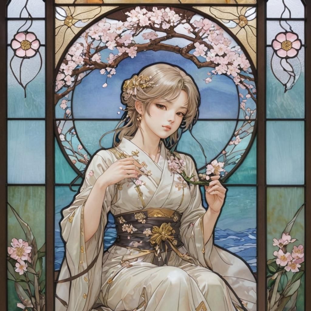 Art by Masamune Shirow, Japanese-inspired stained glass, delicate ...