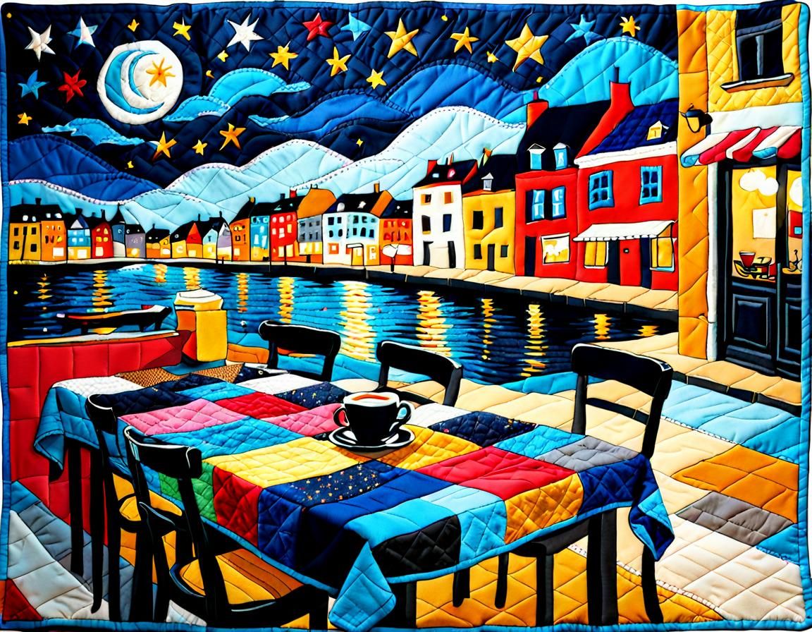 Quilted blanket with an image "a café at night"