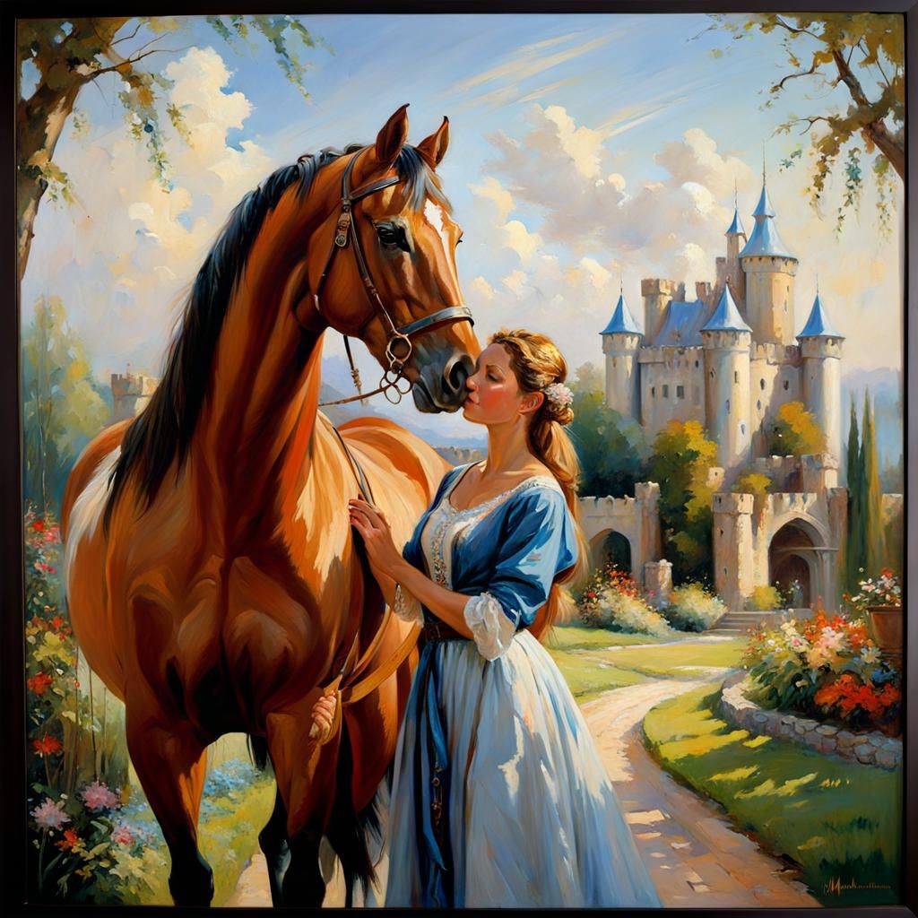 Woman and Horse in Fantasy Garden: Oil Painting