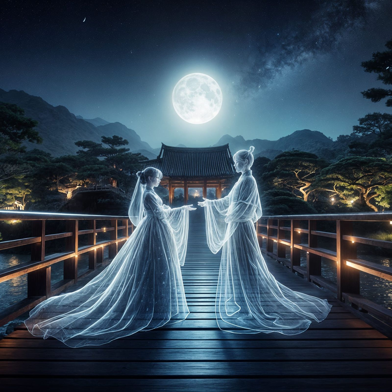 Two transparent ghostly figures meeting at night on a wooden...