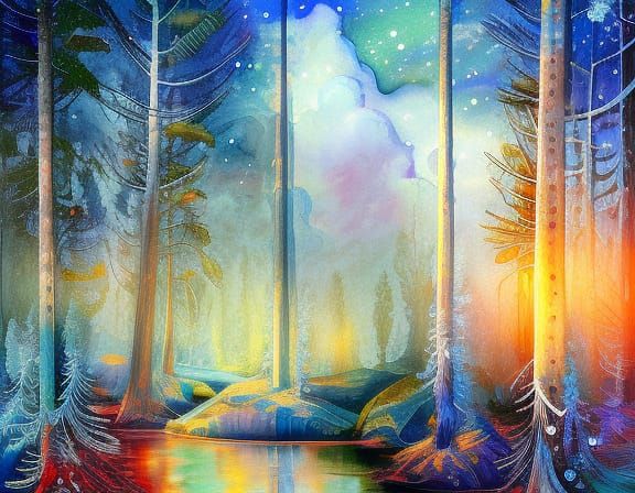 Dreamy Winter Landscape with Pine Trees, Watercolor Art