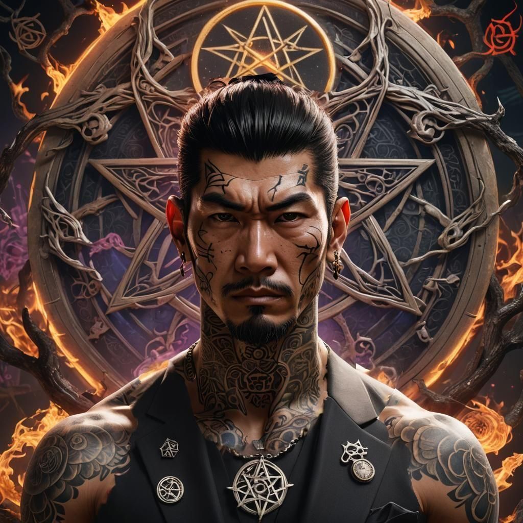 Modern Yakusa. In the background a pentacle with one elements at the end of each branch (earth, air, fire, moon, water)
