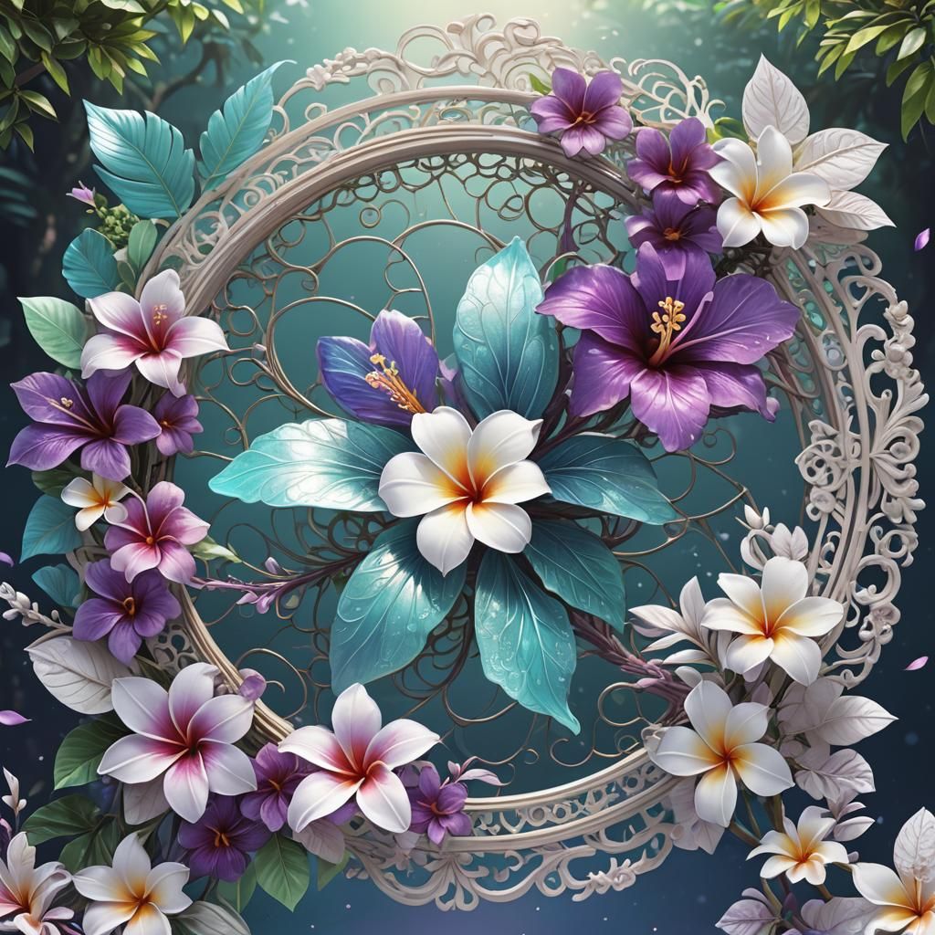 Iridescent White Filigree plumeria portal purple aqua irides...
