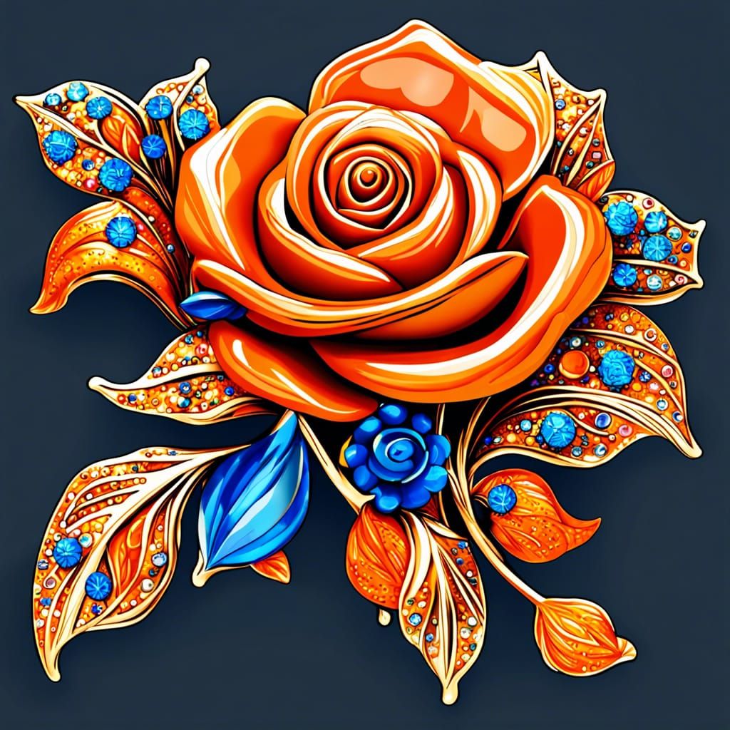 Stylized Painting of an Orange and Blue Rose Gemstone Brooch