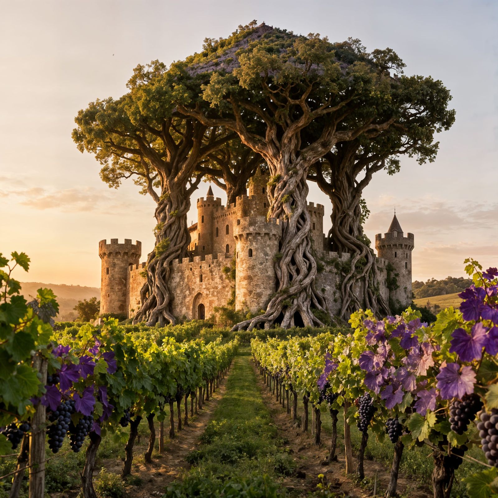 Magnificent Castle Made of Vineyard Trees in Lush Landscape