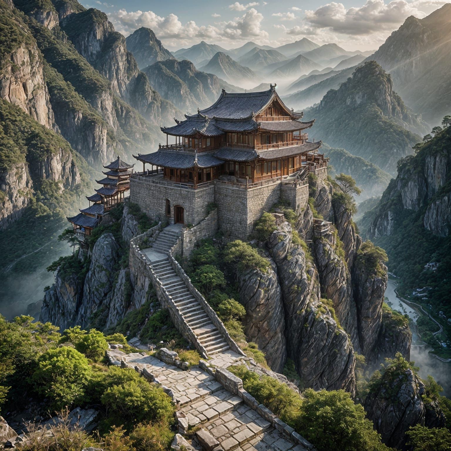 Chinese House on Mountain Peak in Cinematic Light