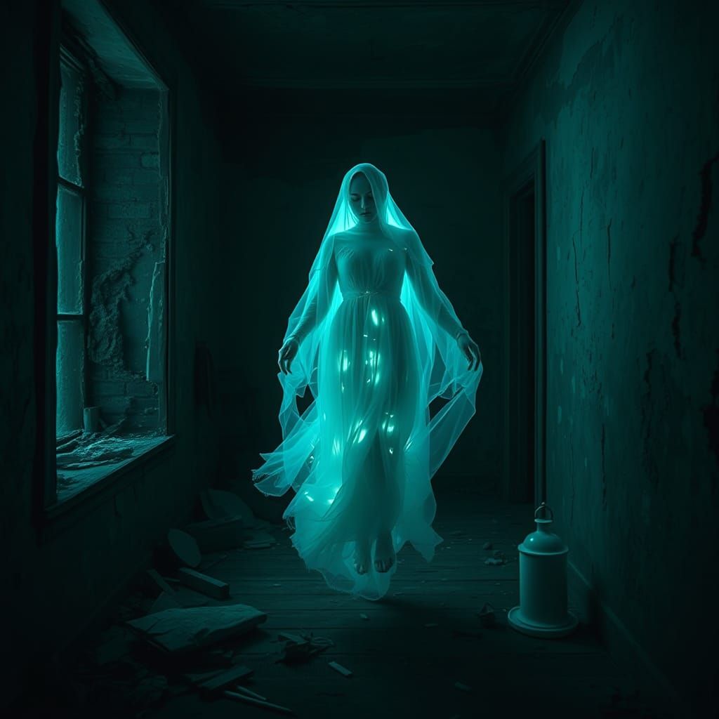 Ghost Portrait of an ethereal translucent ghost gliding through walls inside a haunted house, creepy bioluminescence, rotted wood, broken fl...