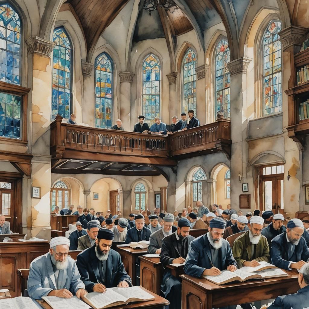 A detailed watercolor painting of a house of study filled wi...
