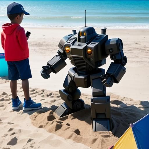 Friendly Robot Helps Children Build Sandcastle