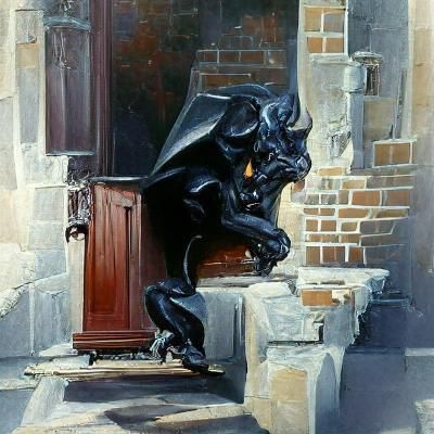 A gargoyle in front of a mysterious black door