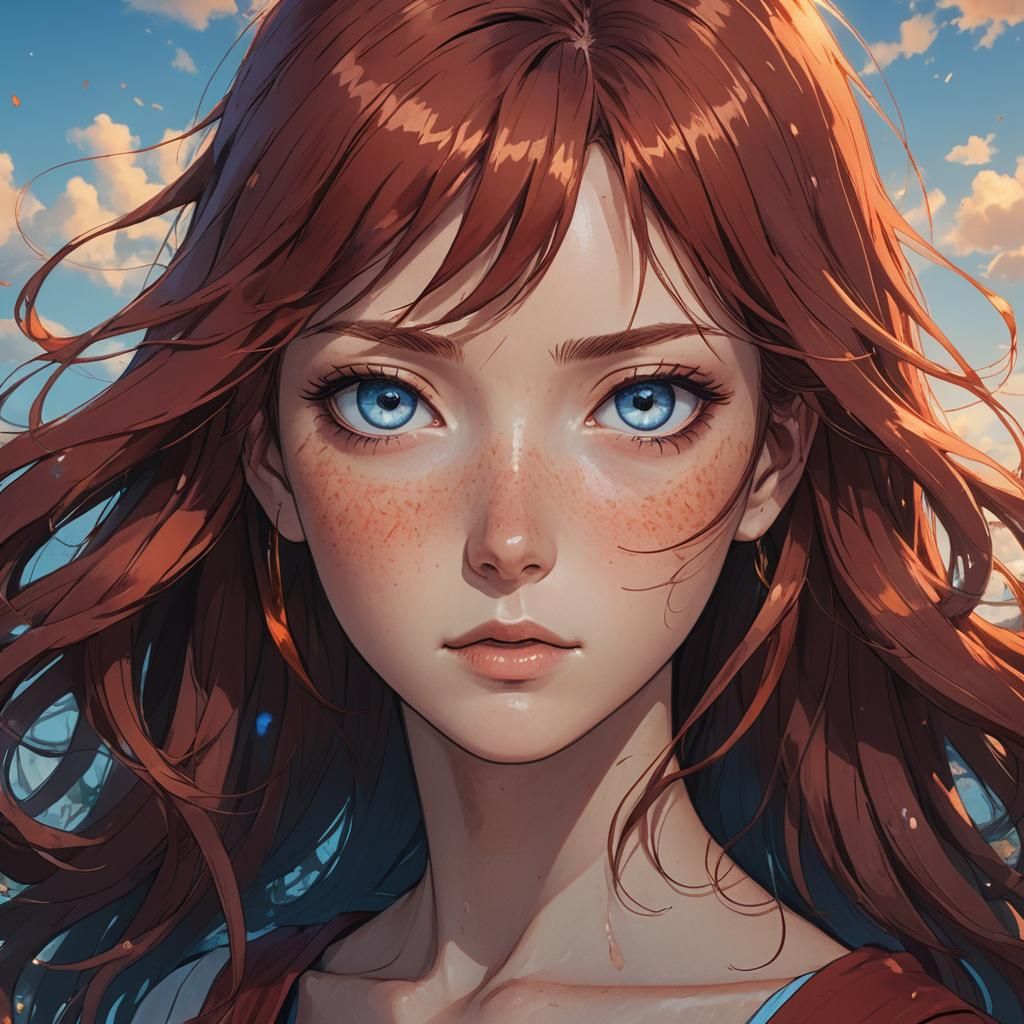Female naruko uzumaki with long deep dark red hair, blue eyes and freckles. Her hair is voluminous and ...  by @Rinn