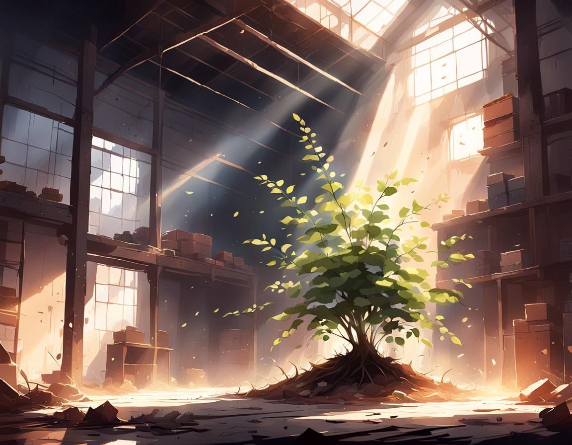 small sapling in a run down warehouse 