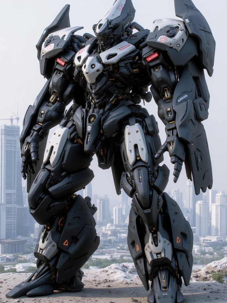 <lora:Brutalcore Mecha:1.0> A massive heavy macross inspired mech standing on a city