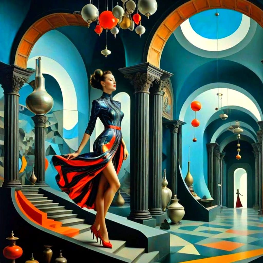 Retrofuturistic Woman in Surreal Multidimensional Space