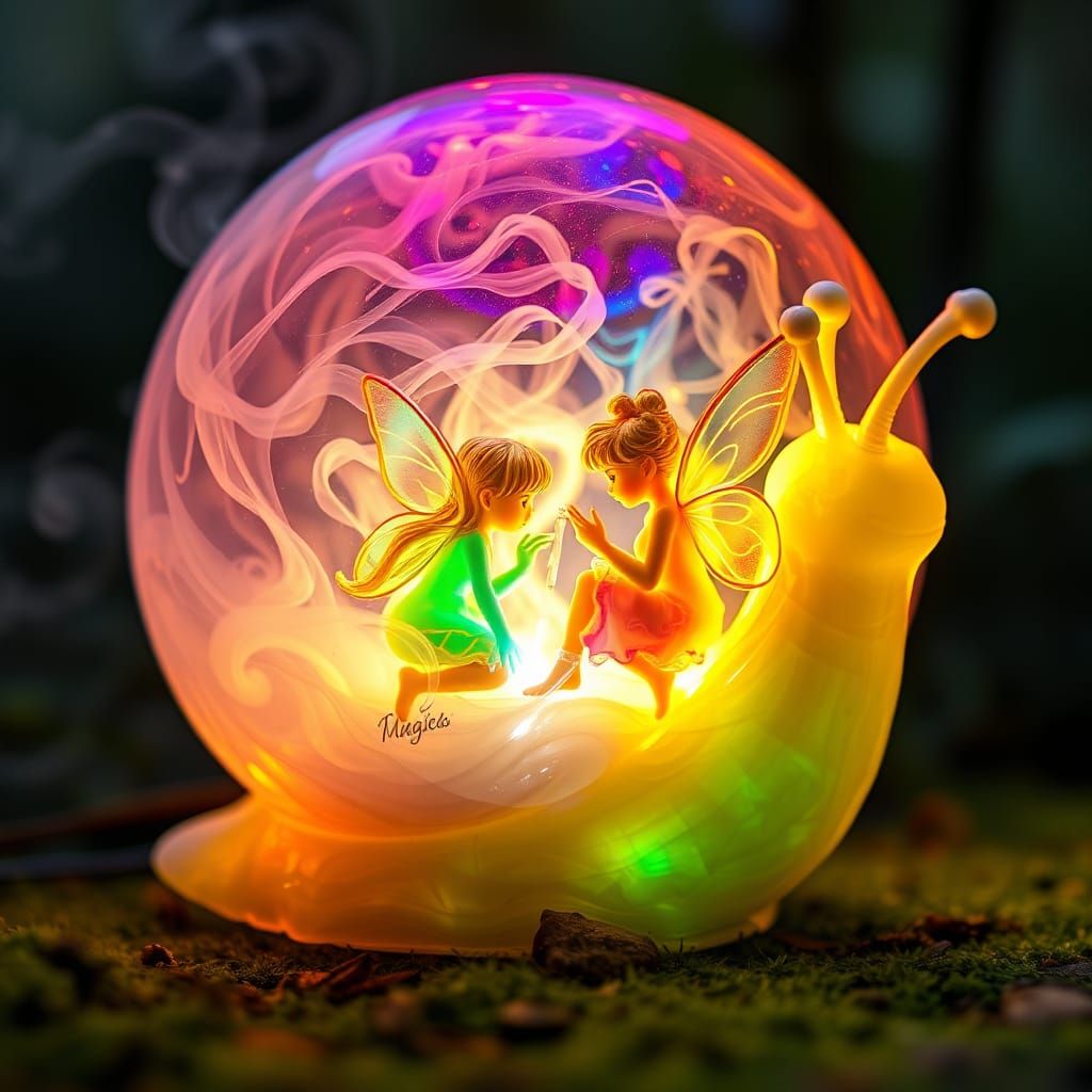 A colourful rainbow light up glass snail lamp double Exposure of forest and fairies