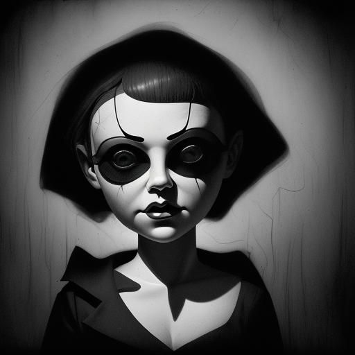 creepy ventriloquist doll face with a flashlight under chin effect