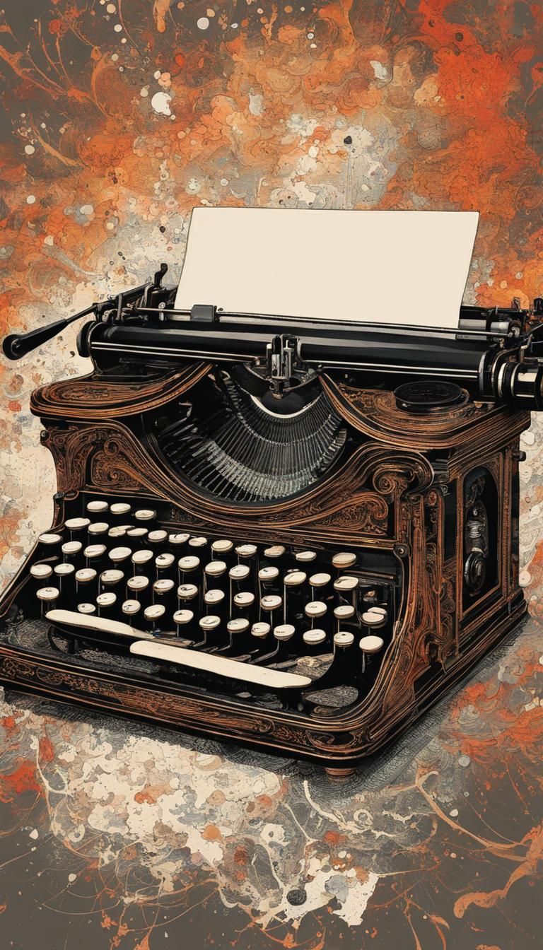 Antique vintage typewriter, ink splatter art, very long neck, intricate