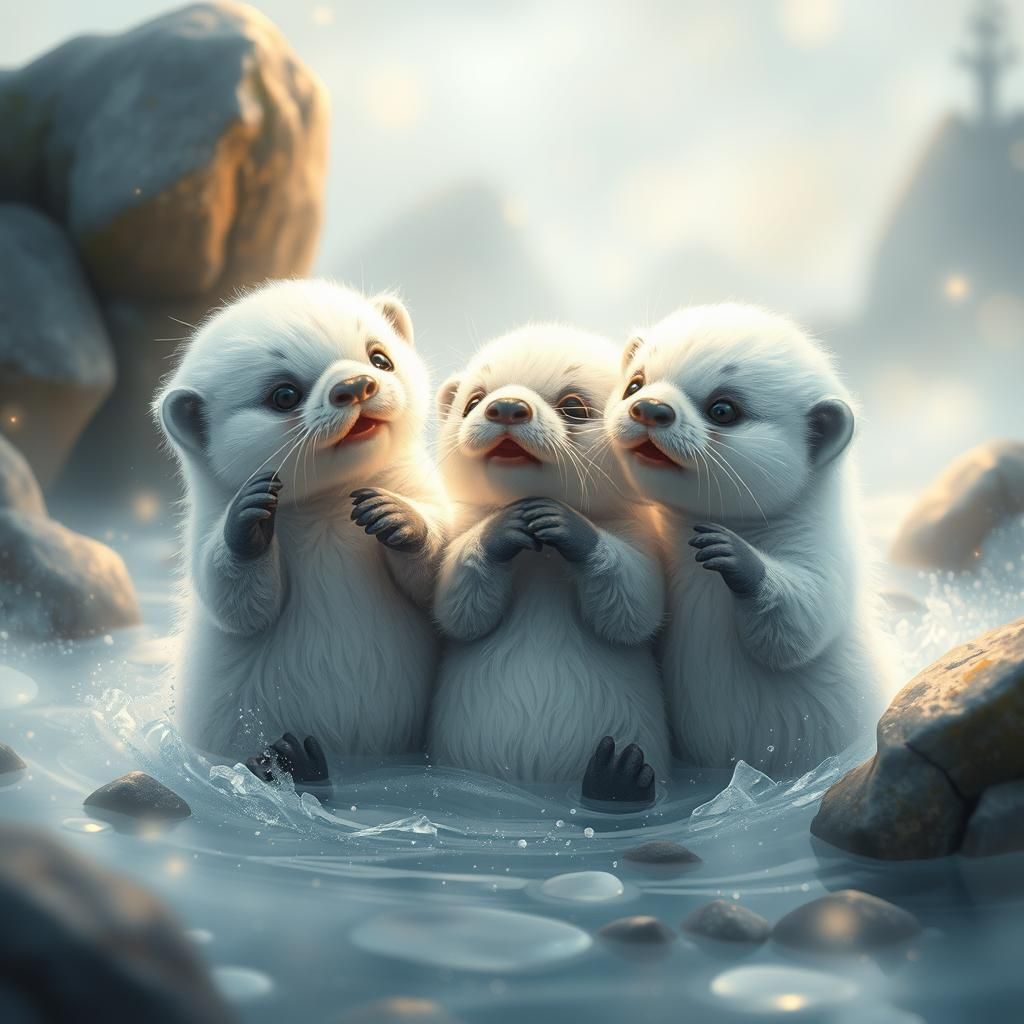 Enchanting Baby Otters in Mystical Landscape