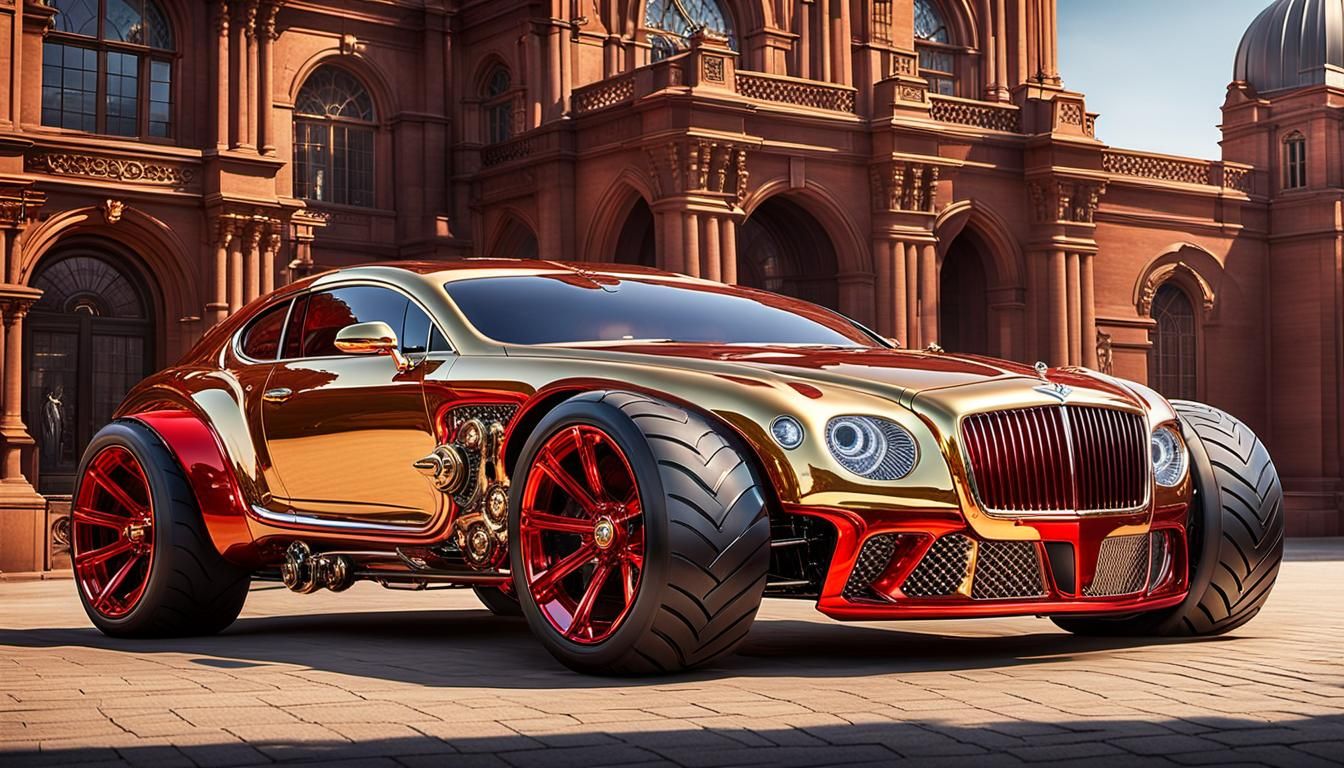 A gold-red Powerful STEAMPUNK MONSTER TRUCK Bently glistenin...