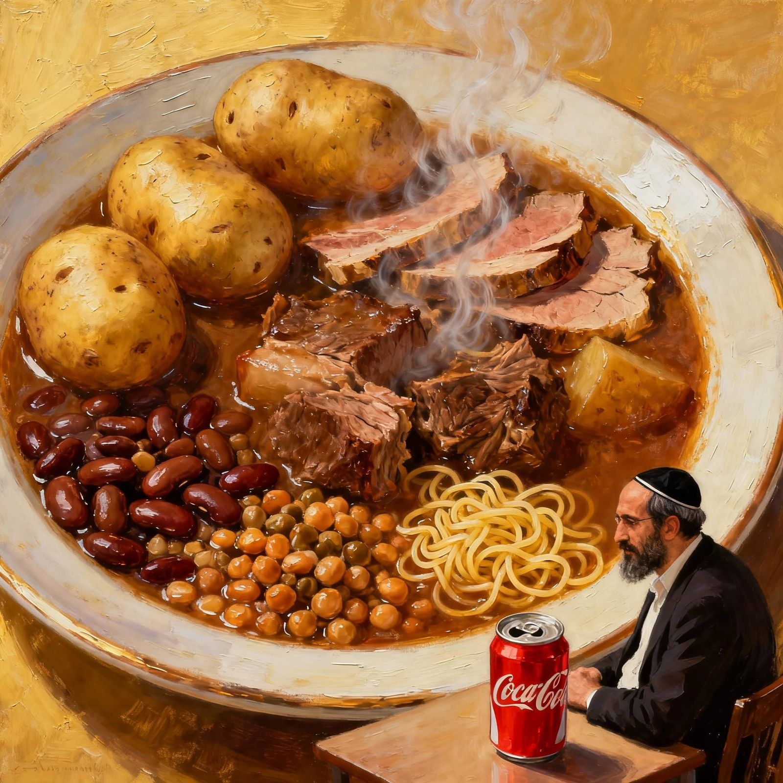 Jewish Man Enjoys Hearty Cholent Meal, Realistic Oil Paintin...