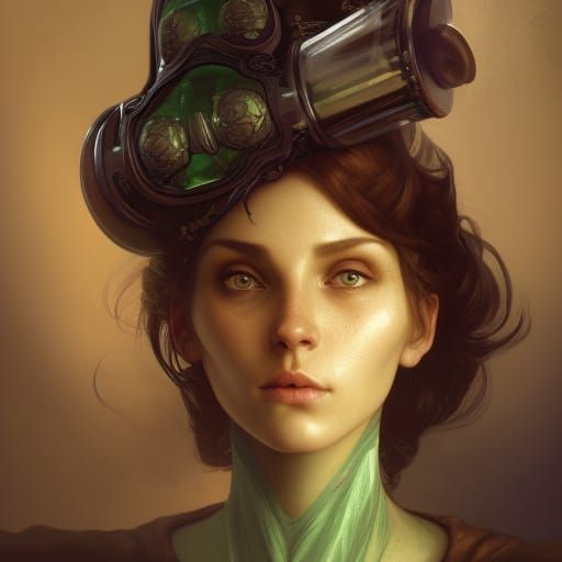 Medieval necromancer with a green potion, flask, decanter, b...