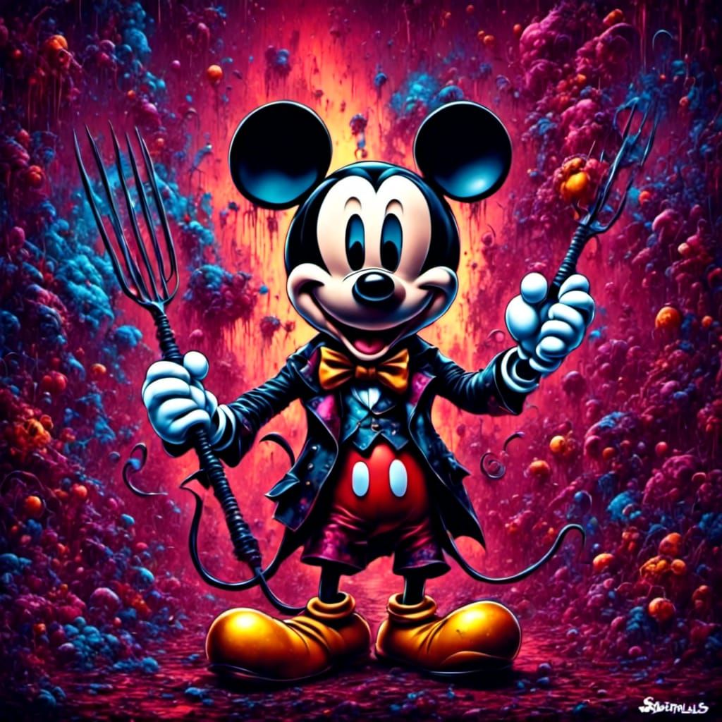 Synthwave Retro 80's evil mickey mouse with horns and pitch fork , graffiti art <lora:Screamo:1.0> <lora:Dark fantasy:1....
