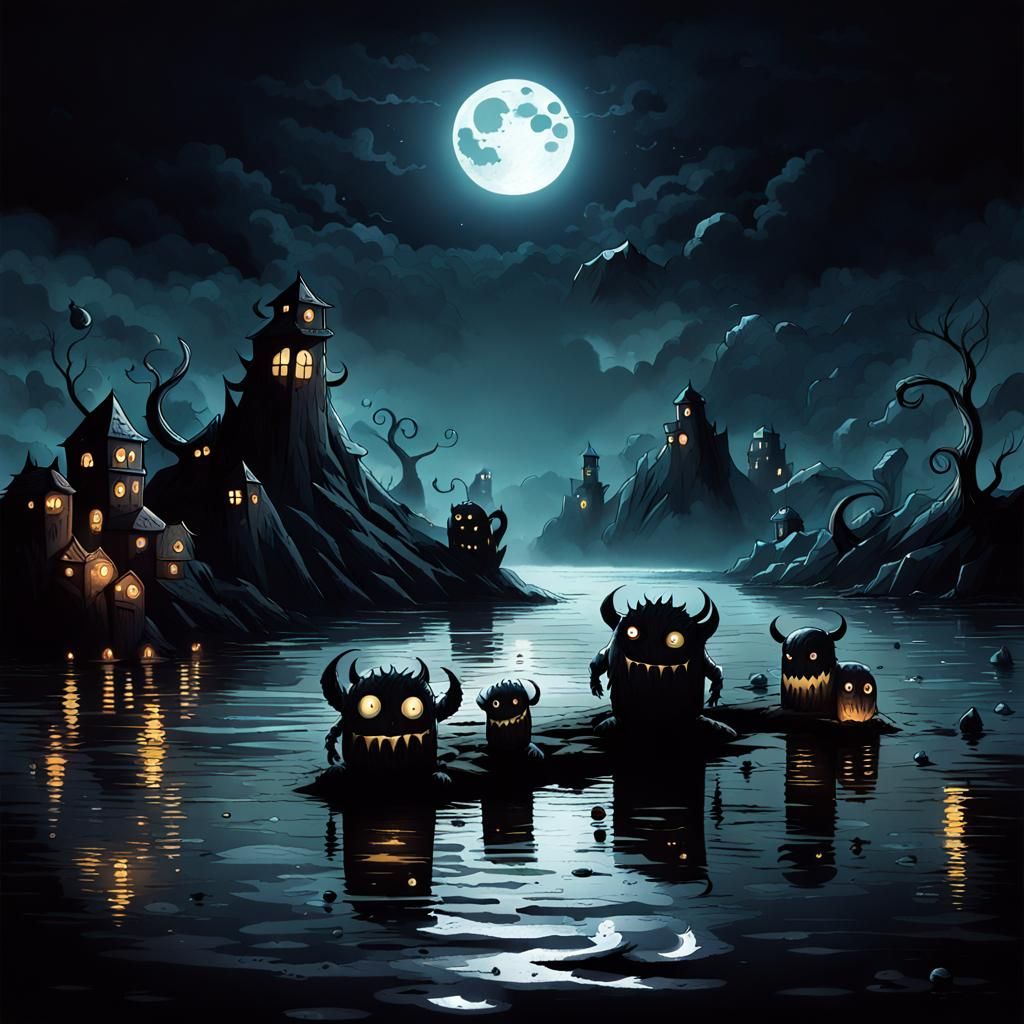Moonlit monsters and a little bit of water   by @Wolf Parsnip