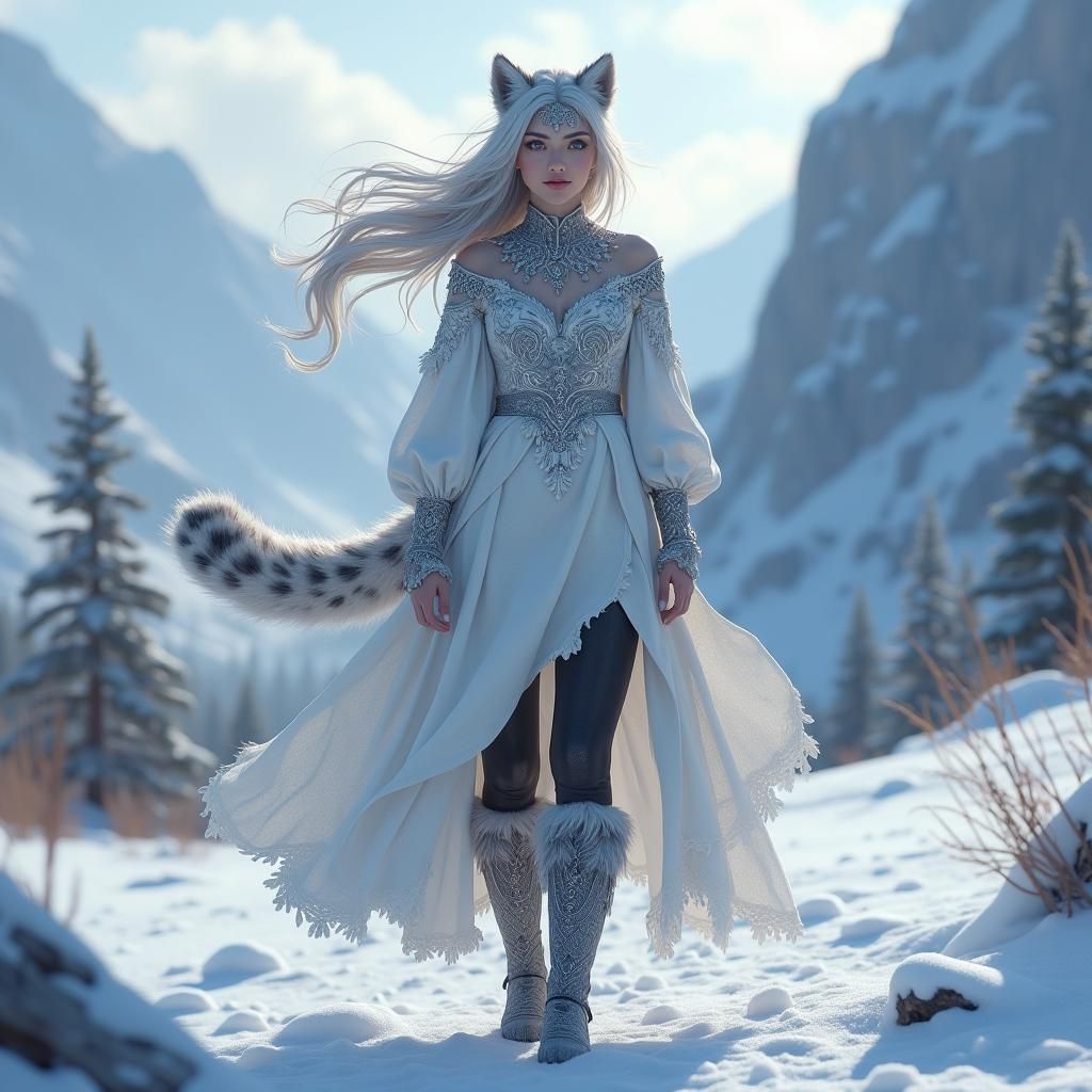 Woman snow leopard hybrid. Long silver white hair in a wild ponytail. Light blue eyes and snow leopard ears. Has a large fluffy snow leopard...