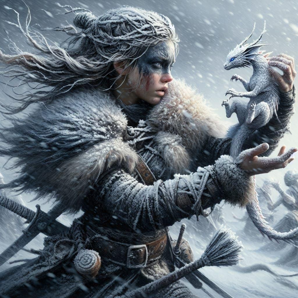 A fierce female Viking with Viking hair style, wet and covered in dirt and frost holding an extremely ...  by @Kindly Offer