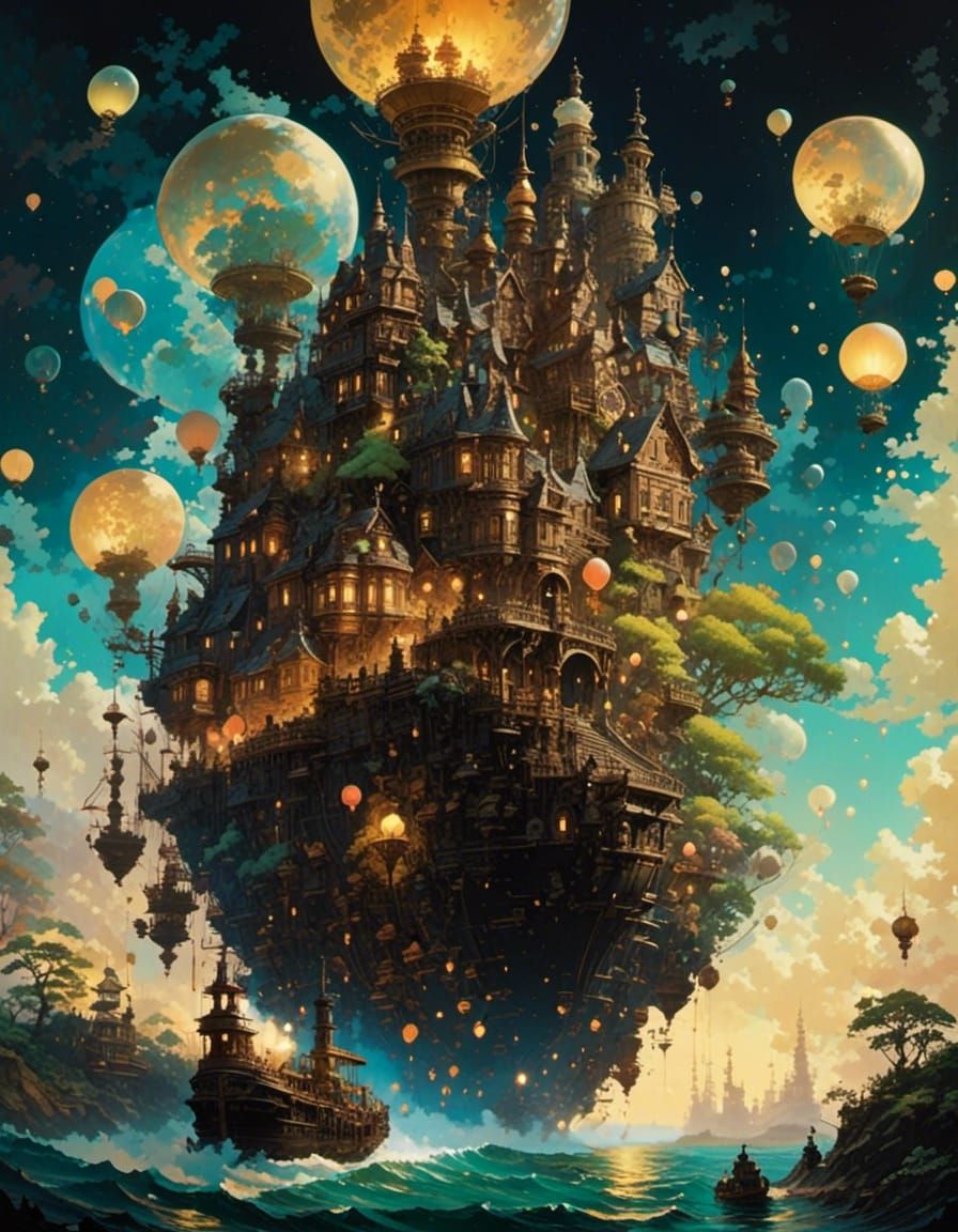  <lora:Anime fantasy:1.0> beautiful ethereal hypermaximalist Steampunk Howl's Moving castle 