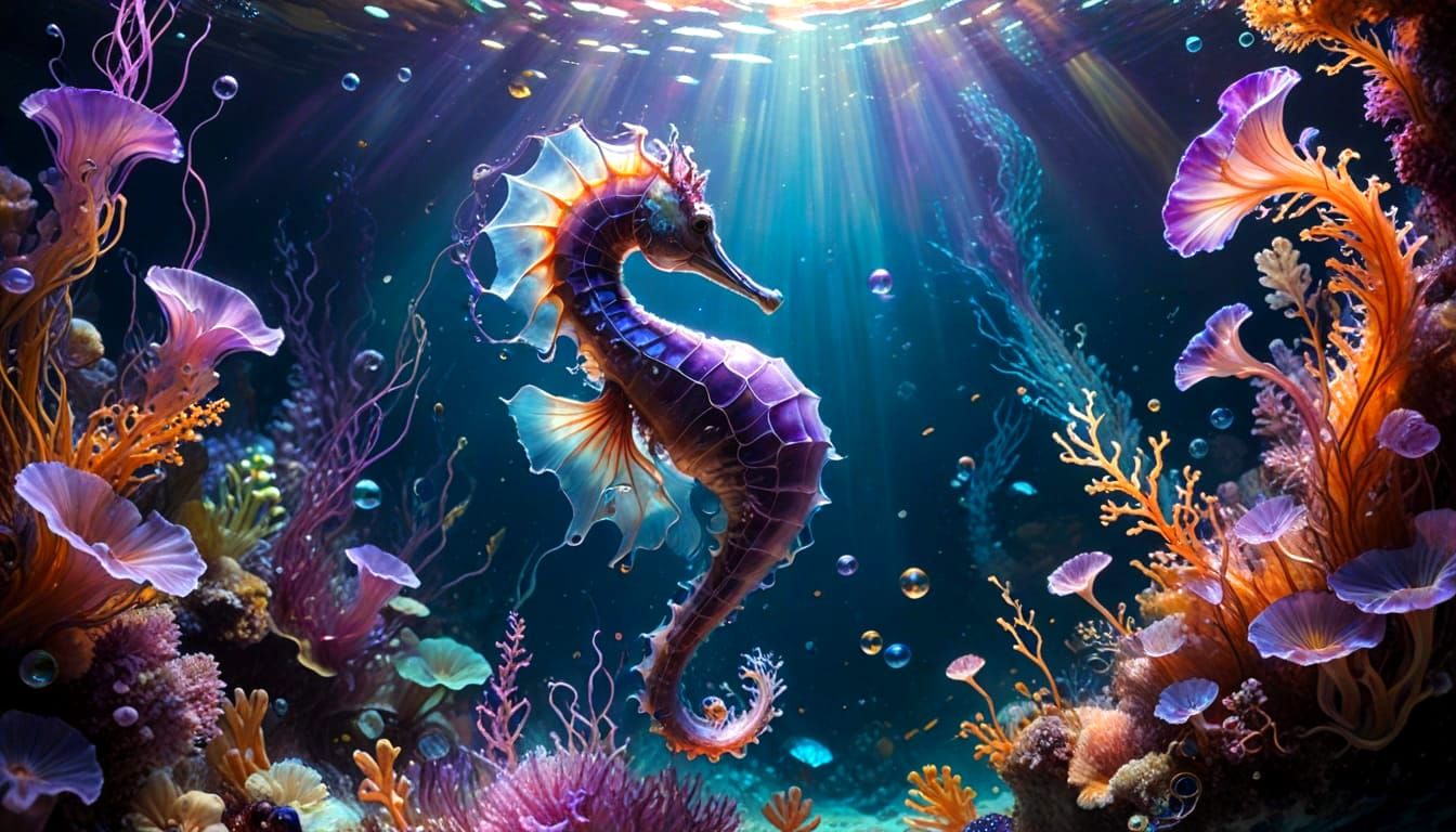 Vibrant underwater scene, an elegant seahorse seen in profile in the center, circular bubbles emerging ...  by @Hugo Raul