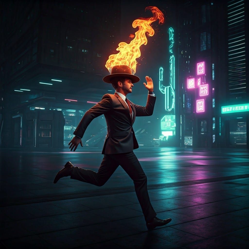Charismatic Leader Runs Through Cyberpunk City with Burning ...