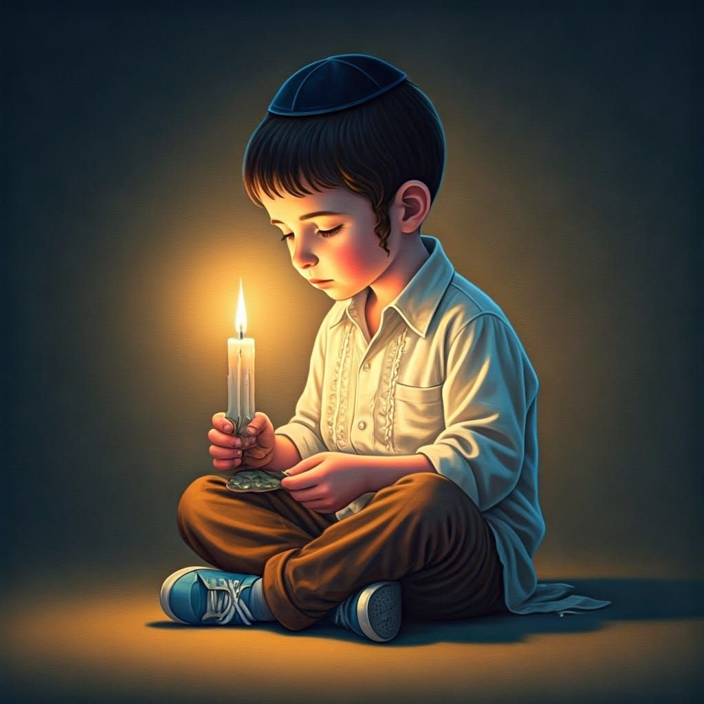 Serene Ultra-Orthodox Jewish Boy with Candle in Dreamy Color...