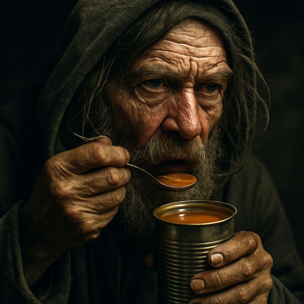 Haggard Hermit Consumed by Soup: Hyperrealistic Photo