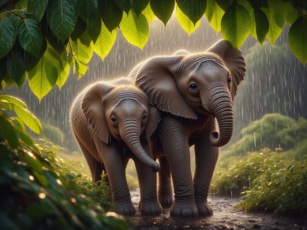<lora:FiosAnimalsInTheRain:1.0> African Elephants in the Rain