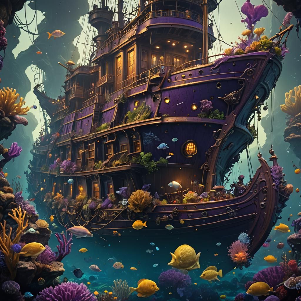 A ship that sank to the bottom of The  ocean with sea creatu...
