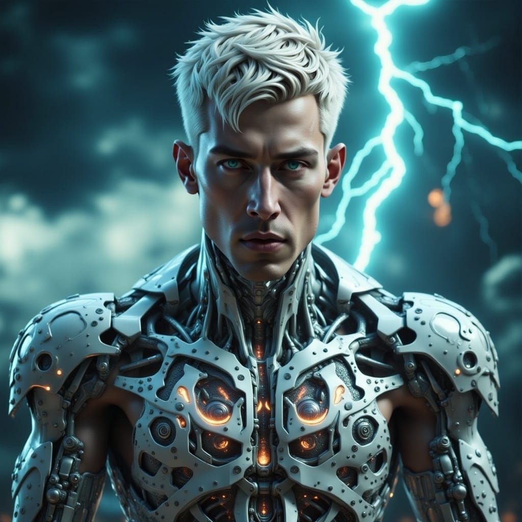 Very handsome young looking male Adonis god with piercing glowing blue eyes and glowing smooth pale skin, roman, short sleek gray hair muscl...