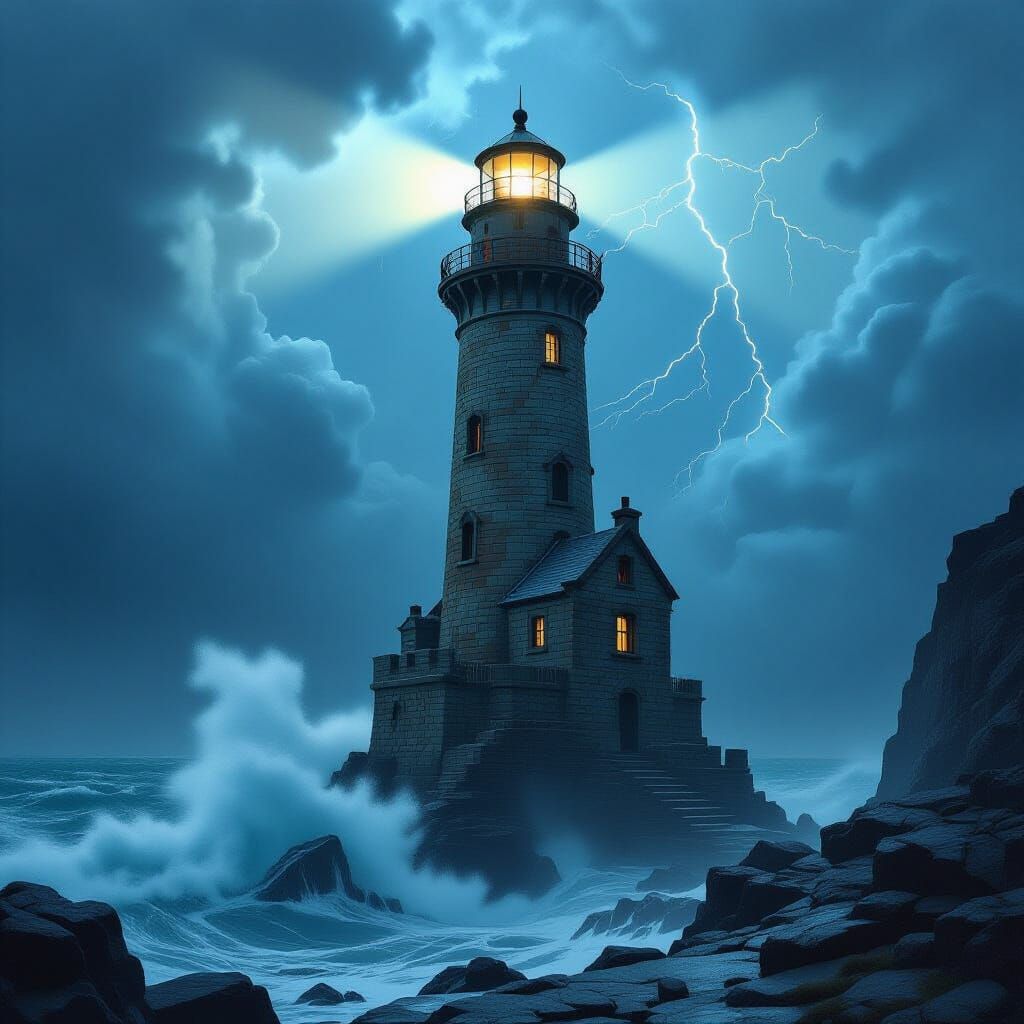 A colossal, intricately detailed lighthouse stands defiantly against a stormy sea, its powerful beam ...  by @Rebelle 1902