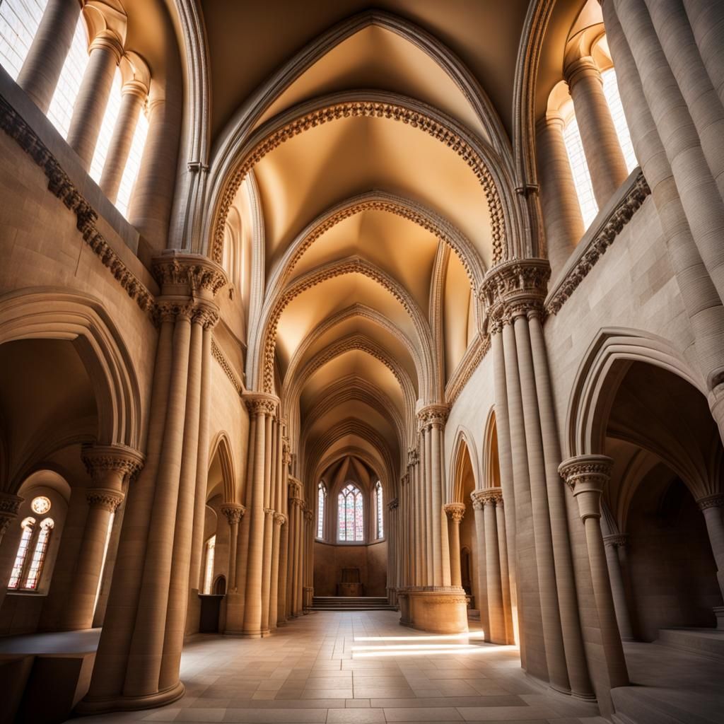 Highly detailed Romanesque cathedral interior, with round headed arches
